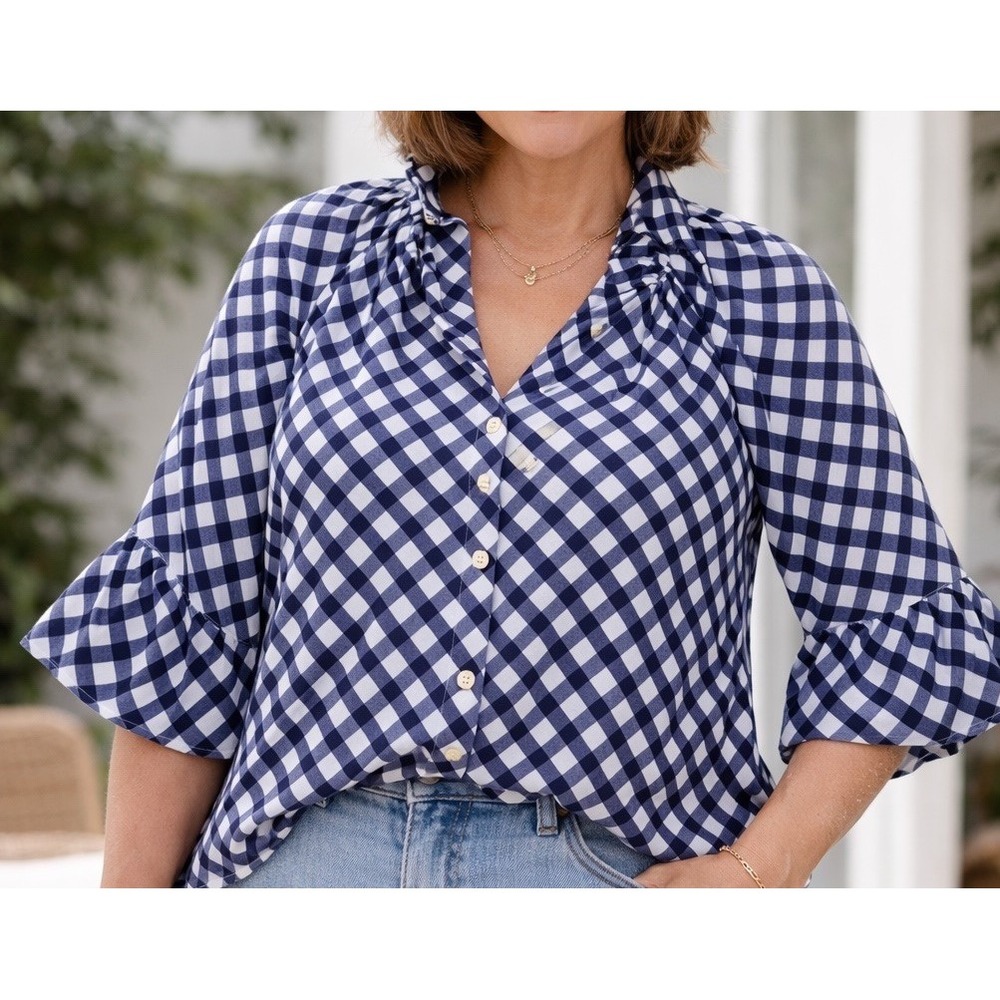 Ruby Rd Blue White Gingham Blouse Ruffle Bell Sleeve Button Front XL Cottagecore